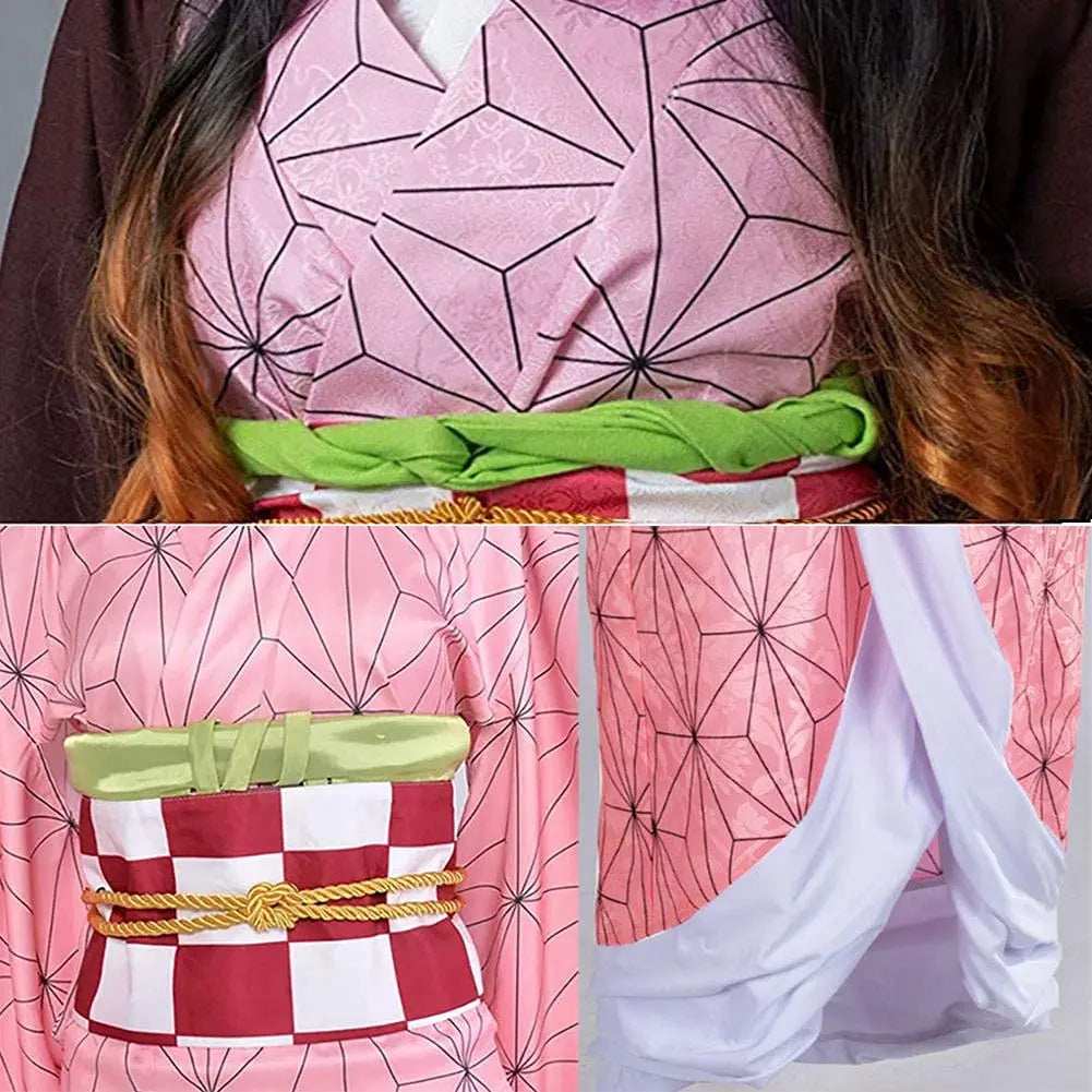 Anime Demon Slayer Kamado Nezuko Cosplay Costume Kimono Kimetsu No Yaiba Cosplay Wigs Hairs Halloween Carnival Women Outfit