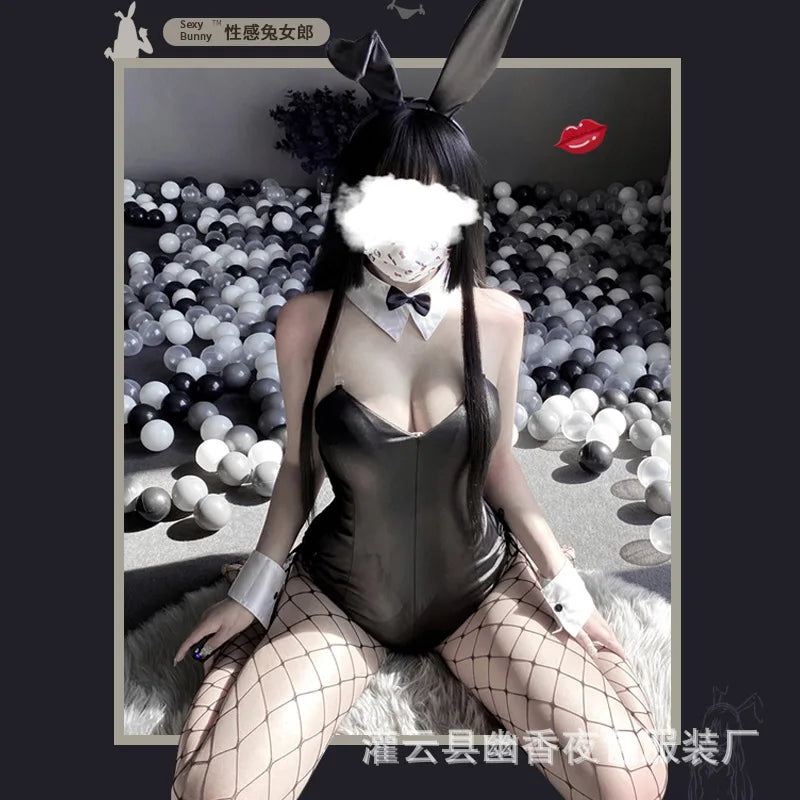 Sexy Bunny Cosplay Costume Women Men Sexy Bodysuit Lingerie Kawaii Bunny Girl PU Faux Leather Rabbit Suit Anime Outfit Halloween