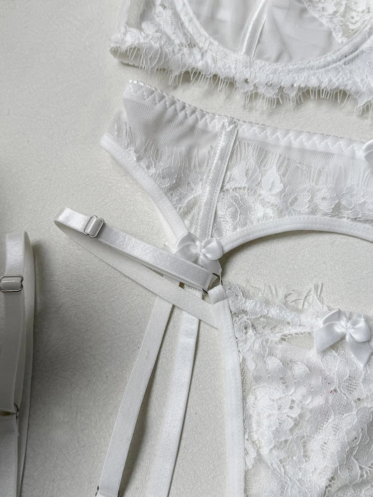 Wedding White Lingerie Lace Erotic Underwear 4-Pieces Sexy Lingery Women Transparent Bra Panty Set Fancy Luxury Exotic Sets