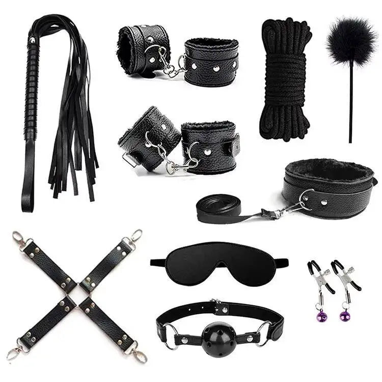 Hot 10Pcs/Set Toys Woman PU Leather SM Bondage Set Hand Cuffs Footcuff Whip Rope Blindfold Erotic Sex Toy For Couple
