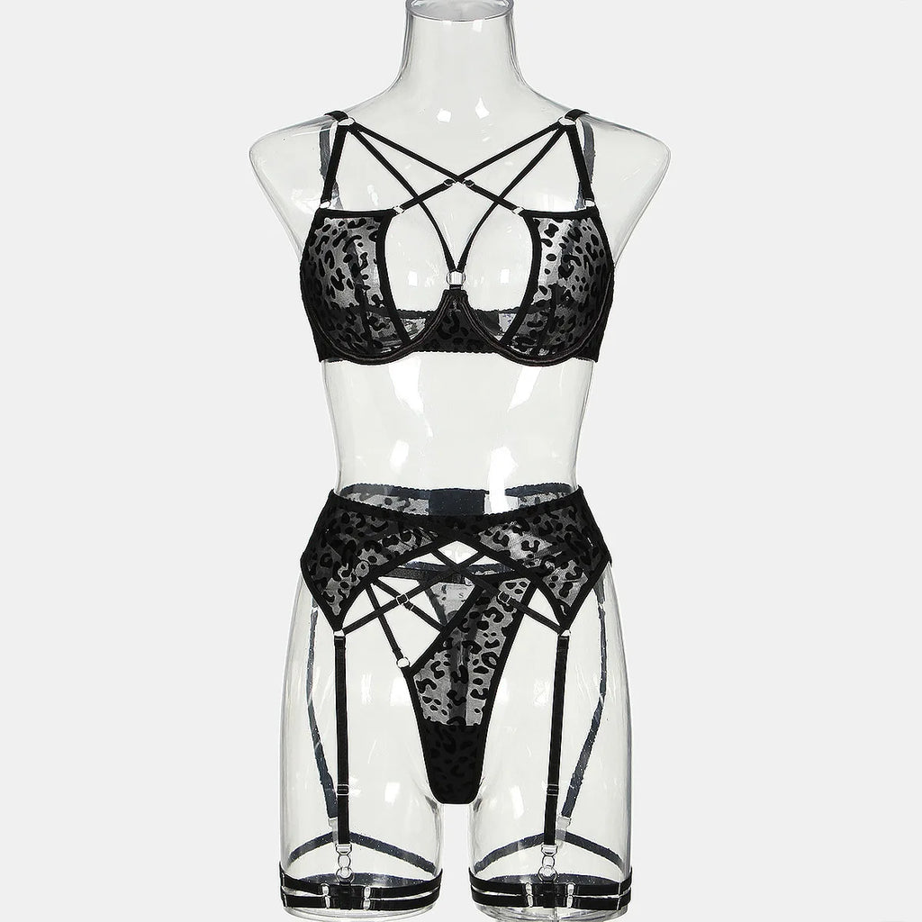 Erotic Leopard Lingerie Set - Sexy Push-Up Bra & Sheer Thong with Adjustable Garter Belt Velvet 4-Piece Bondage Kit Outfits