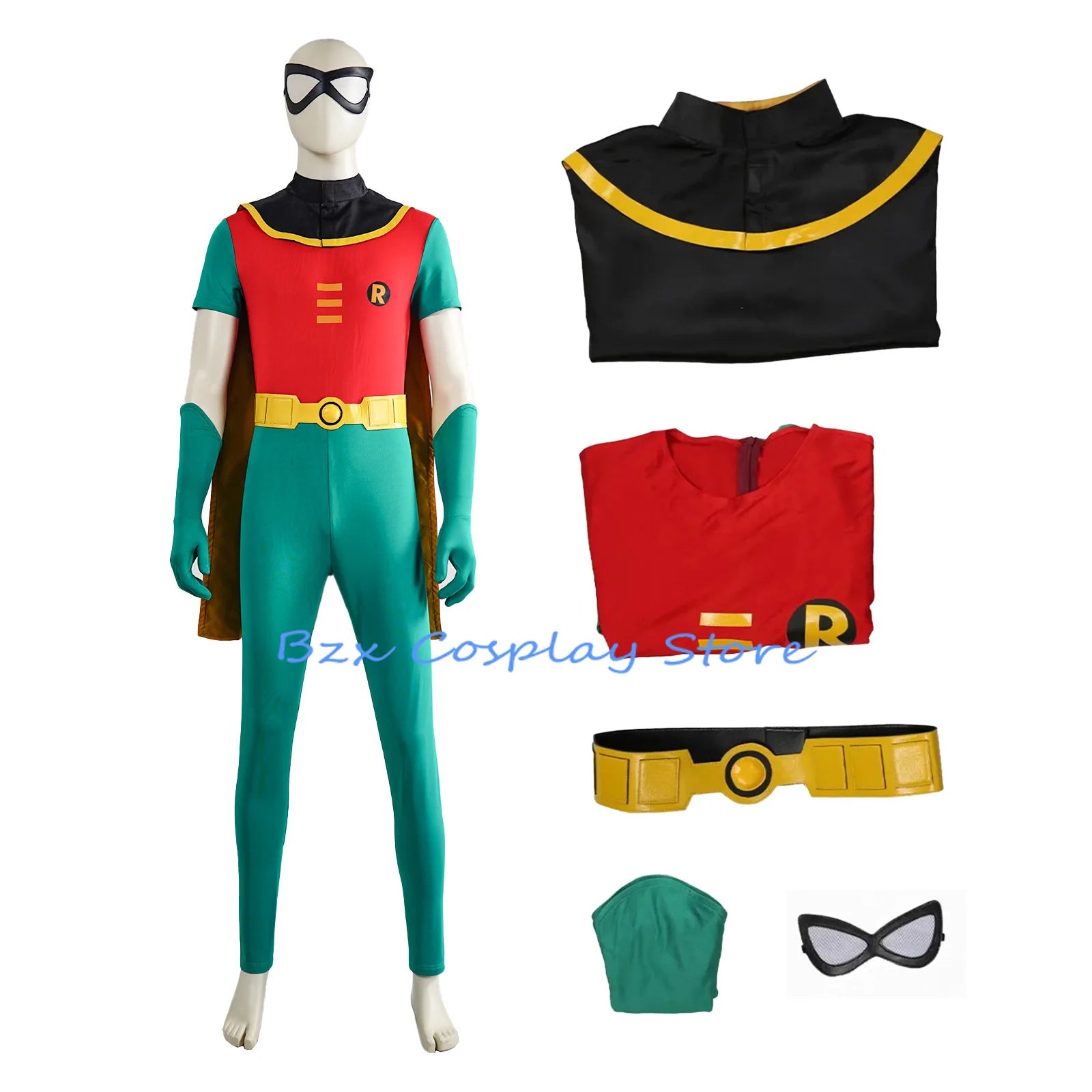 Film Fantasy Robin Cosplay Costume Adult Men Green Jumpsuit Cloak Belt Gloves Eyemask Suit Halloween Party Hero Robin Outfits