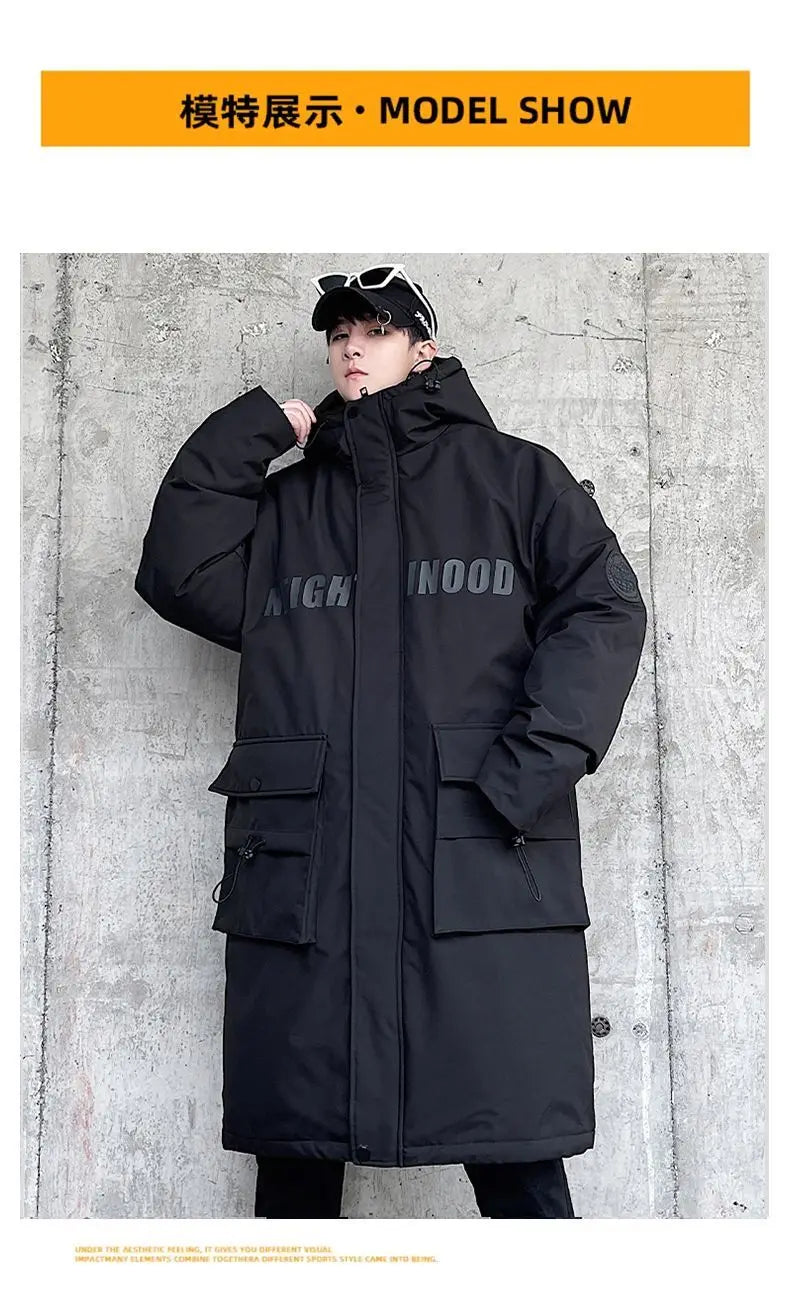 Techwear Down Cotton Jacket Men's Oversize Mid Length Workwear Cold Weather Clothing Winter Pockets Thick Hooded Parkas