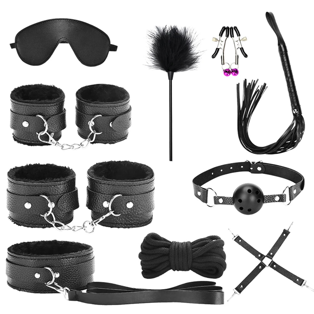 BDSM Bondage Restraint Kit 10 Pieces Drawstrings Collars Eye Masks Mouth Balls Whips Cotton Ropes Nipple Clamps Rope for Couples
