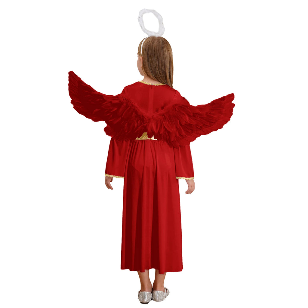 Girls White Angel Costume Halloween Party Long Bell Sleeve Maxi Dress Gown with Wings Set for Performance Church Dress Up