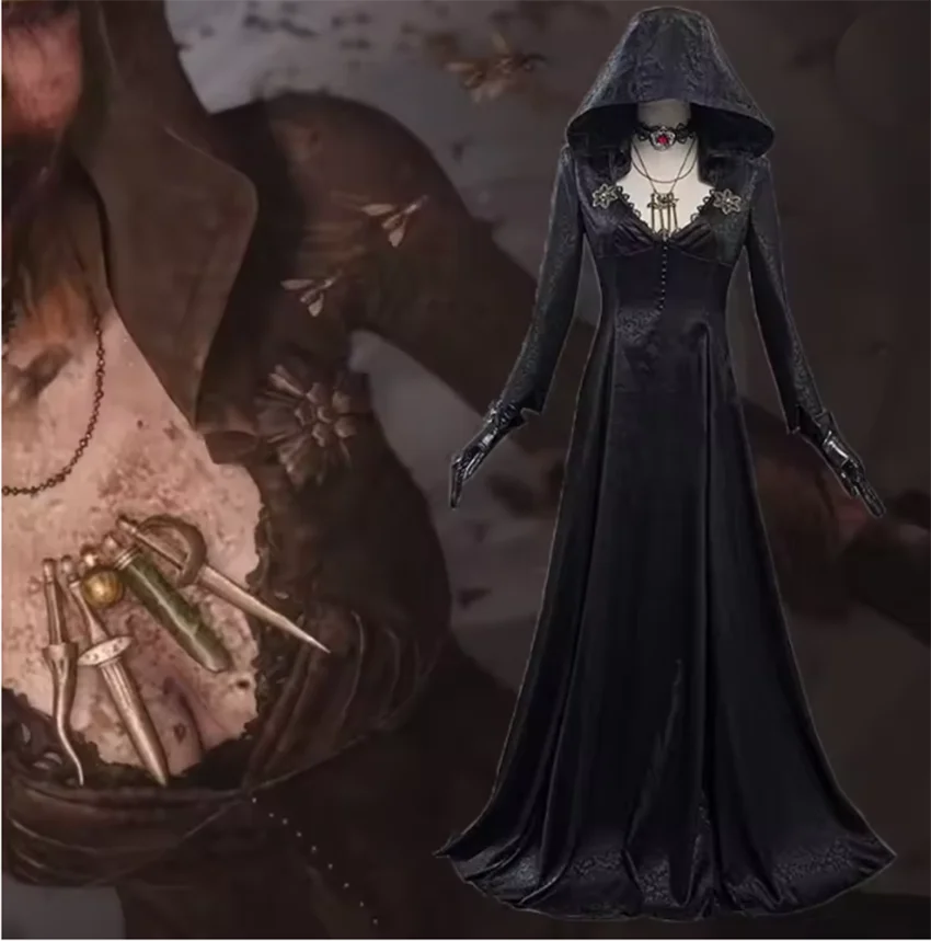 Medieval costume Daughter of Lady Dimitrescu Cosplay Costume Gothic Long Dress with Hood Vampire Bella Cassandra Halloween Dress