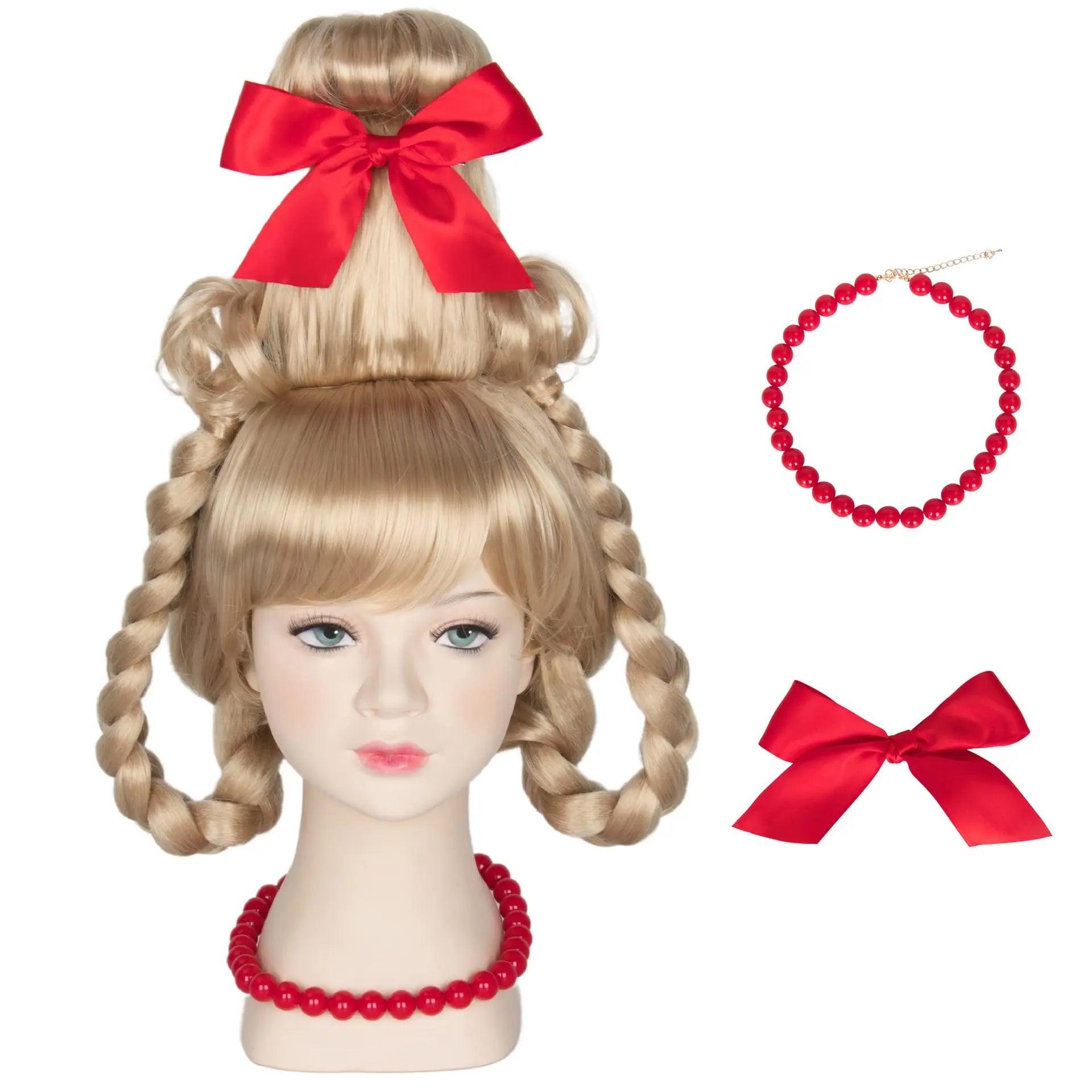 Cindy Lou Who Movie Cosplay Wig with Red Bow For Women Lou Heat Resistant Synthetic Hair Who Wig Christmas Party Wig Gift
