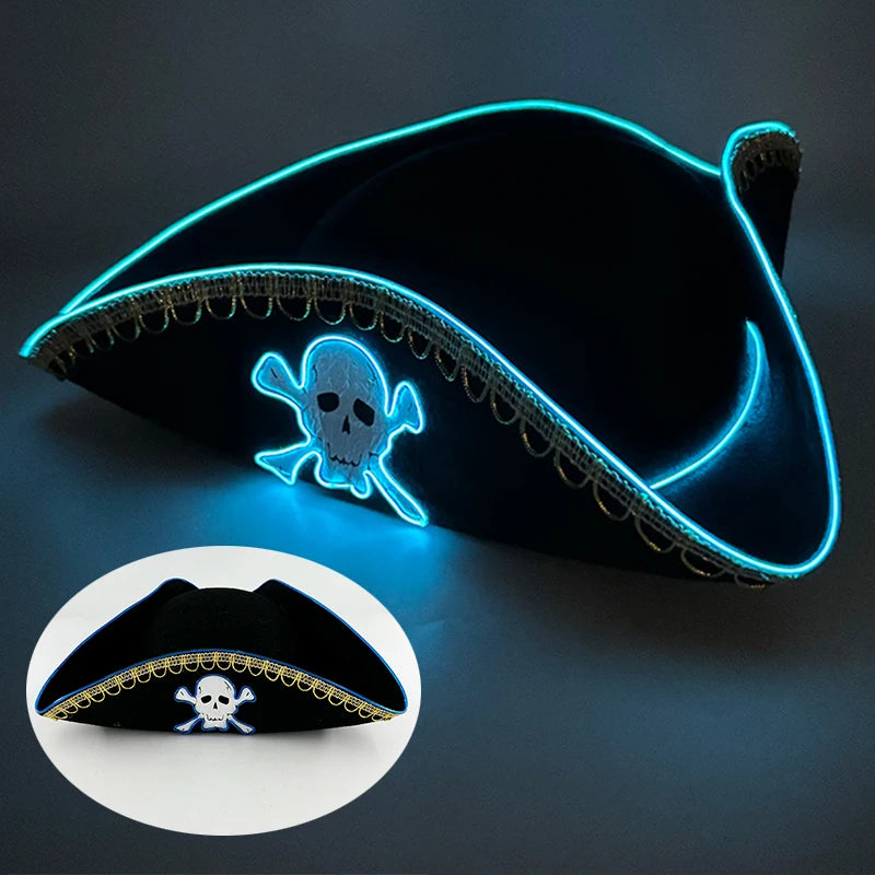 LED Pirate Hat Pirate Theme Holiday Cosplay Pirate Costume Decorations Glowing Captain Hat Colonial Tricorn Hat Woman Skull Hat
