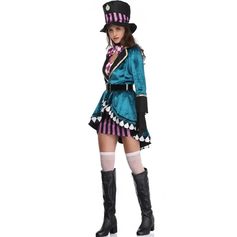 Halloween Alice In Wonderland Clock Mad Hatter Cosplay Costume Sexy Adult Fairy Tale Dress Women Magic Show Tuxedo Fancy Dress