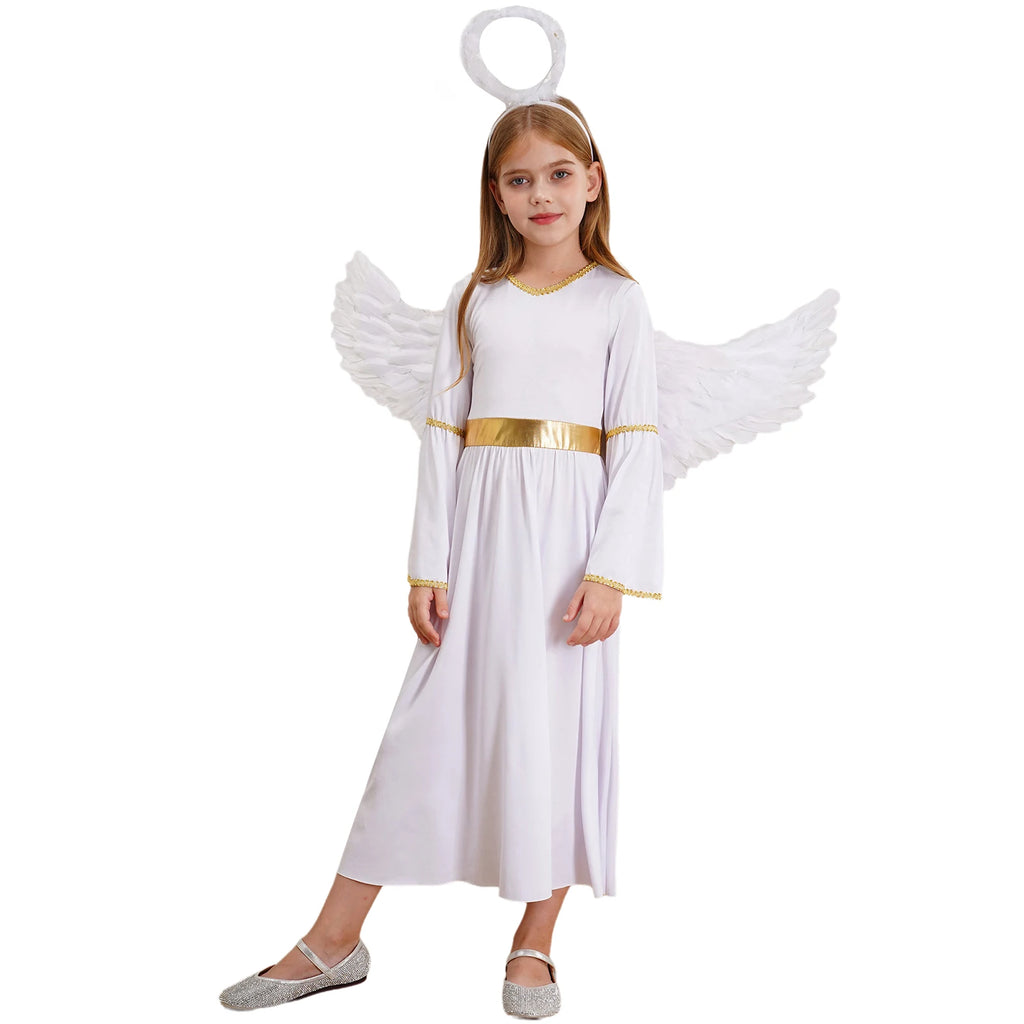 Girls White Angel Costume Halloween Party Long Bell Sleeve Maxi Dress Gown with Wings Set for Performance Church Dress Up