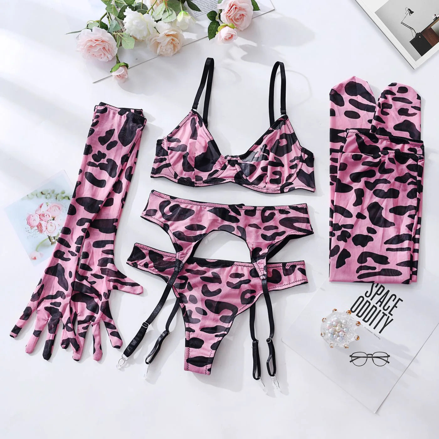 Erotic Lingerie Set Women Tie Dye Lace Push-Up Bra Stockings with Belt Exotic Sheer Underwear 3-Piece Seductive Role-Play Outfit