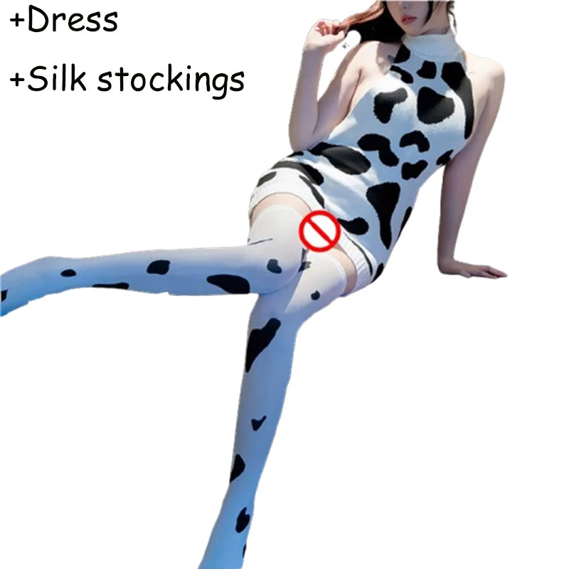 Cos Cow Cosplay Costume Maid Anime Girl Backless Lingerie Turtleneck Sweater Japanese Cute Clothing Lolita Uniform with Stocking