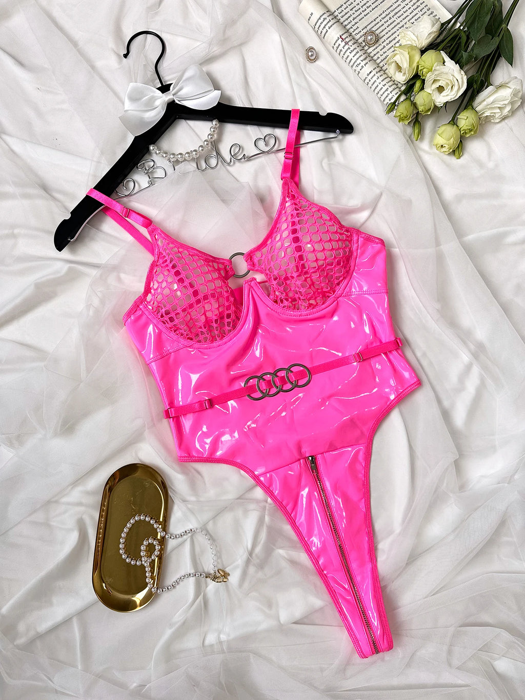 2024 Sexy Erotic Lingerie Set Corset Woman  Leather Bodysuit Zipper Open Crotch Rompers Mesh Sheer Hollow Out Female Underwear