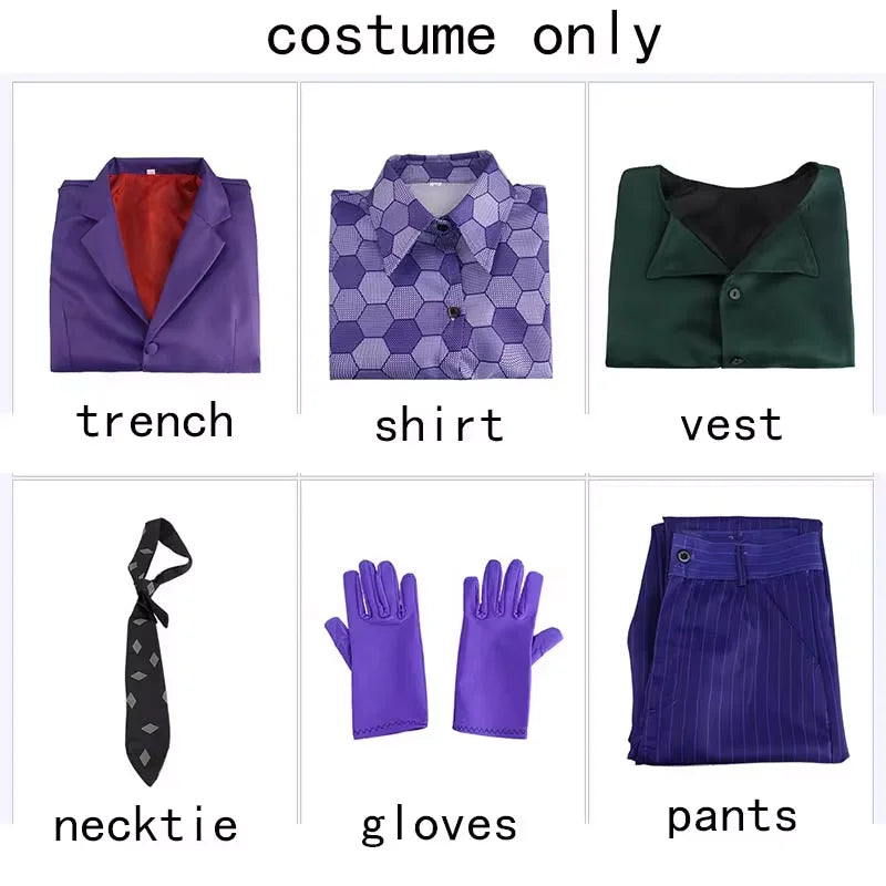 The Joker Cosplay Costume Clown full set Coat Shirt Vest Tie Suit Outfits Joker Full Set for Men Halloween Costumes