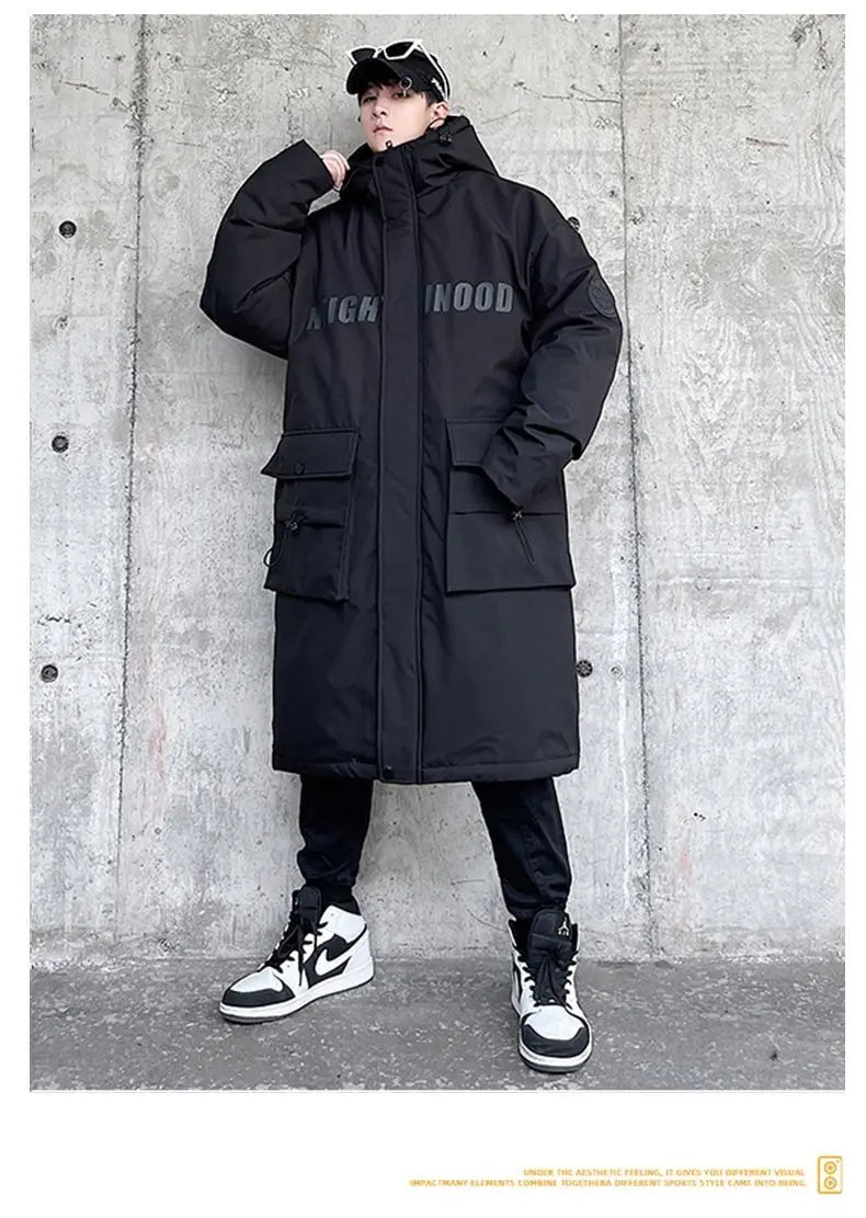 Techwear Down Cotton Jacket Men's Oversize Mid Length Workwear Cold Weather Clothing Winter Pockets Thick Hooded Parkas