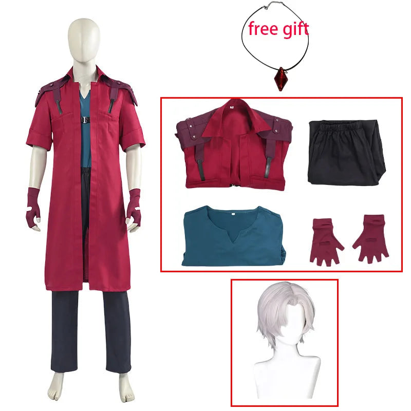 DMC 5 Dante Cosplay Wig Uniform Costumes Disguise for Adult Men Long Windbreaker Gloves Roleplay Outfits Halloween Carnival Suit