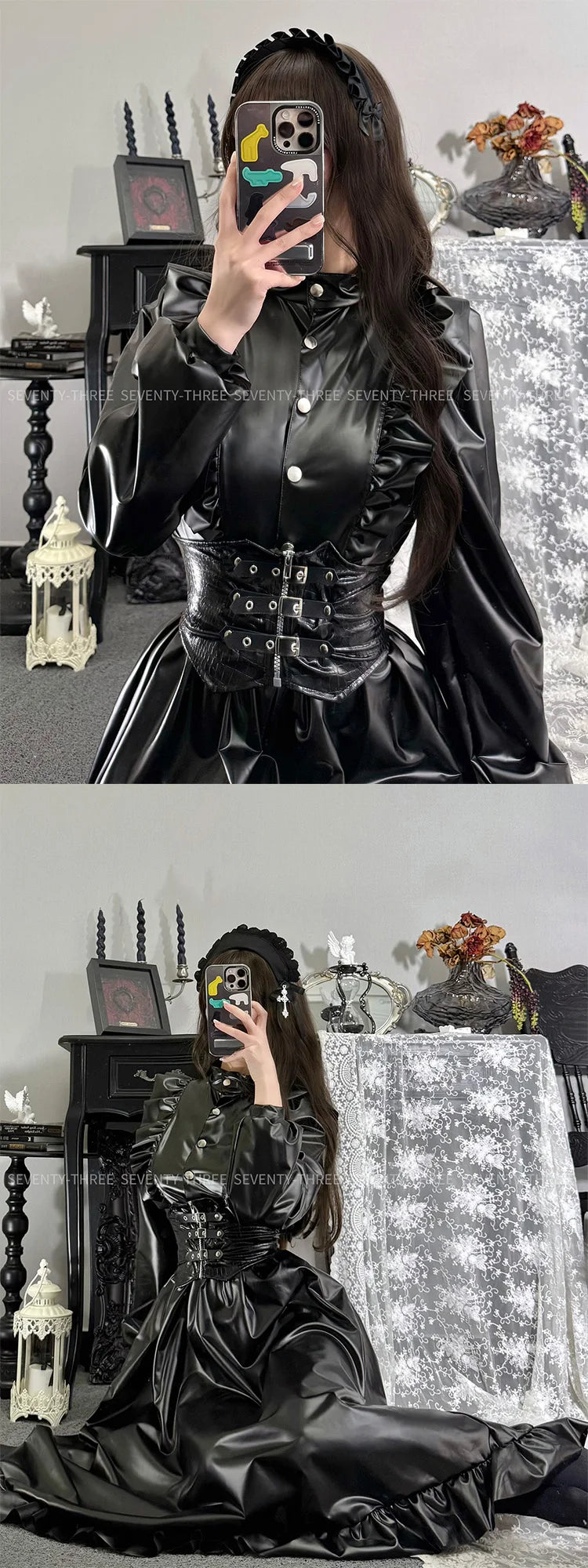 Anime Black Uniform Costume Maid Costume Adult Girl Role Playing Dark Pu Long Skirt Leather Stand Collar Dress Maid Suit
