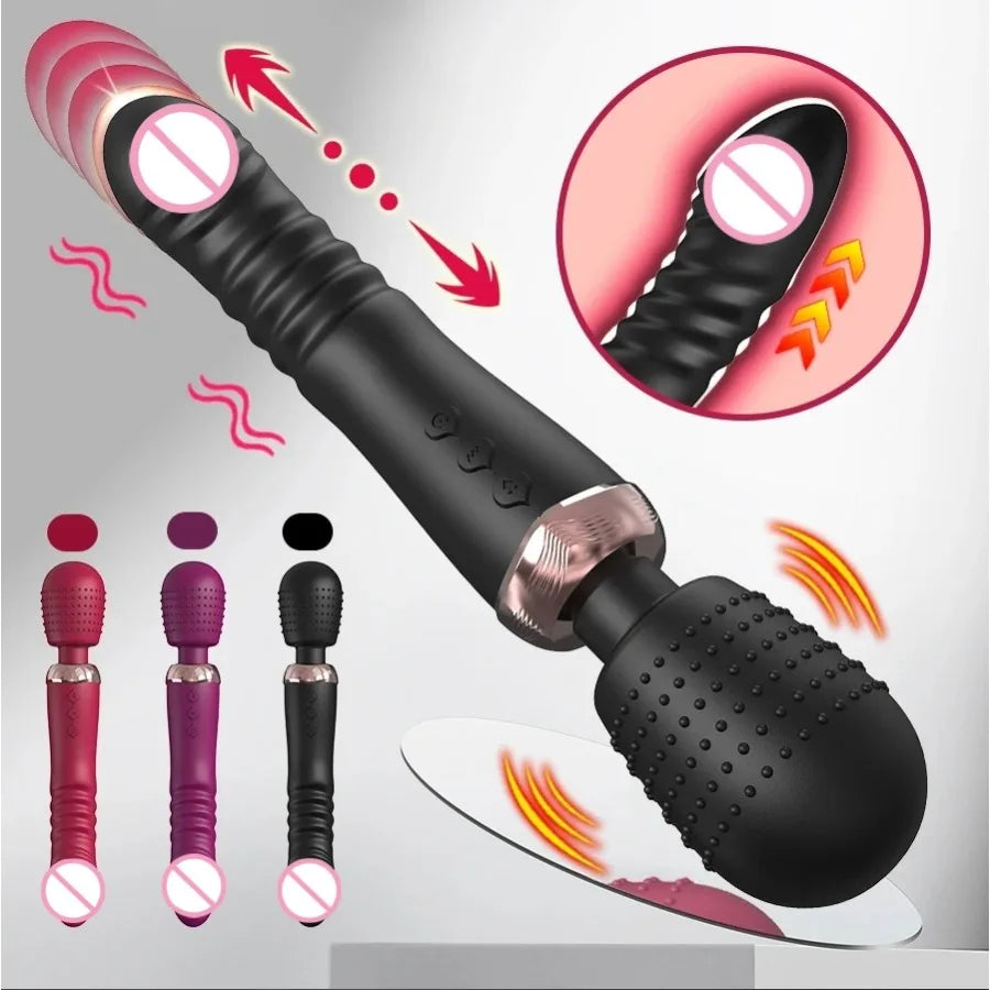 Powerful Thrusting Dildos Vibrator Three Motors Silicone Telescopic Plus Vibration Large Size Wand Massager Sex Toy for Couple