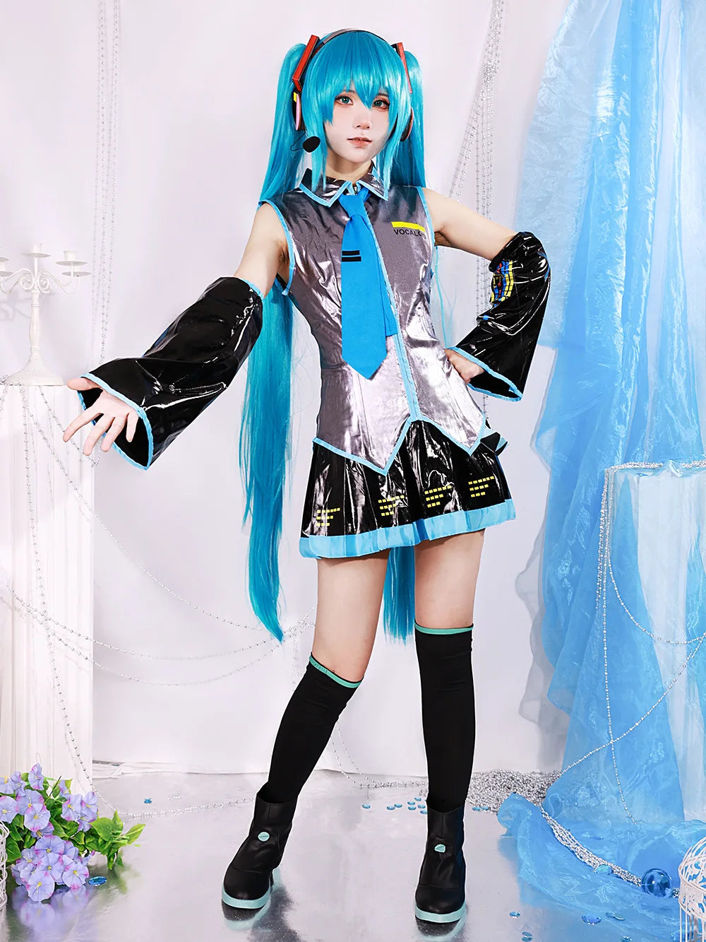 Miku Cosplay Full Set Silver Grey Patent Leather Fabric Suit Miku Cosplay Shoes Headwear Costume Outfit JK uniform Cosplay