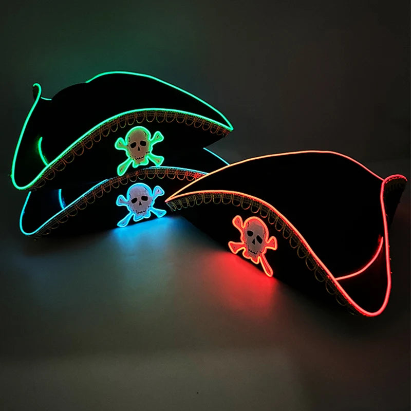 LED Pirate Hat Pirate Theme Holiday Cosplay Pirate Costume Decorations Glowing Captain Hat Colonial Tricorn Hat Woman Skull Hat