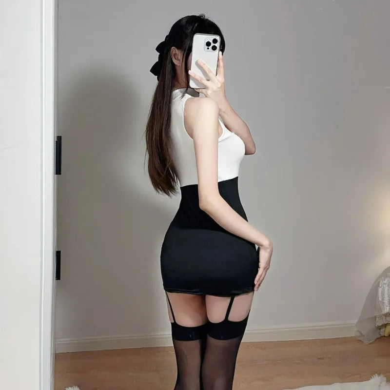 White Sexy Cosplay Office Lady Micro MINI Dress Women Sexy Lingerie Stewardess Outfit Secretary Open Chest Dress  Sexy Costume