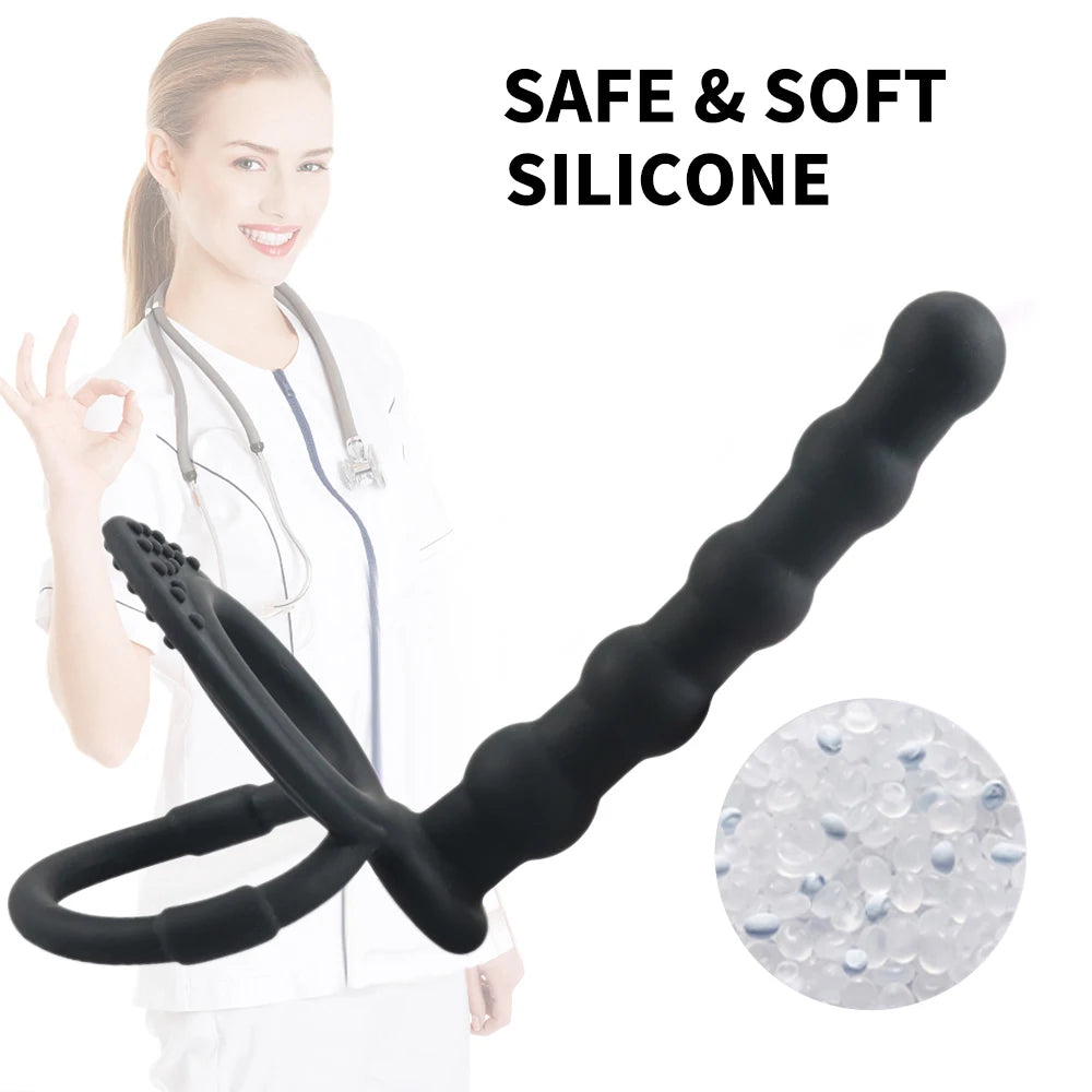 Double Penetration Anal Plug for Couples Dildo Butt Plug with Anal Beads Adults Cockring for Enhanced Penis Delayed Ejaculation
