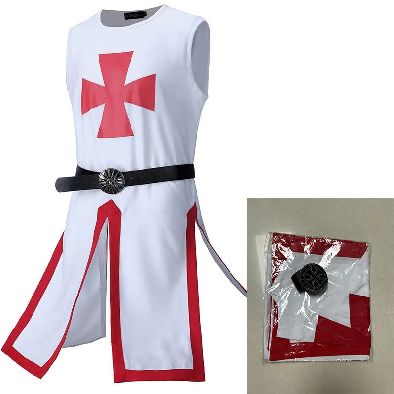 Mens Medieval Crusader Knights Templar Tunic Costumes Renaissance Halloween Surcoat Warrior Black Plague Cloak Cosplay Top S-3XL