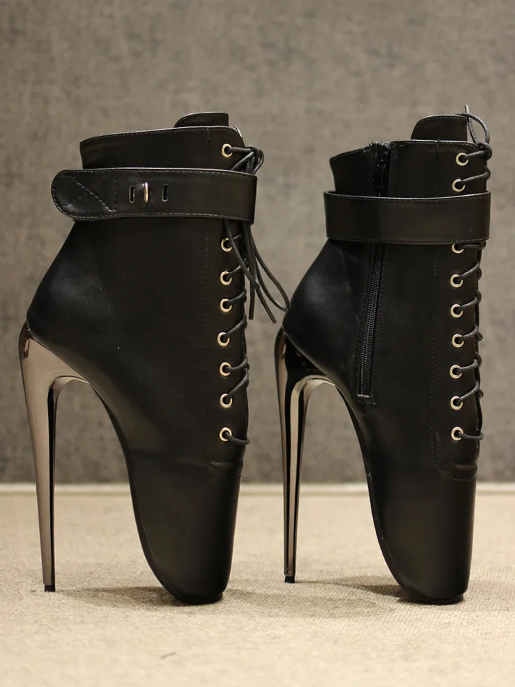 7Inch Stiletto High Heel Lock Wrap Strap Ankle Length Fetish Ballet Boots
