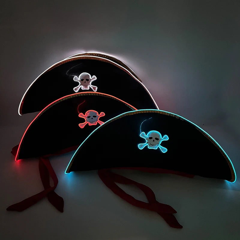 LED Pirate Hat Pirate Theme Holiday Cosplay Pirate Costume Decorations Glowing Captain Hat Colonial Tricorn Hat Woman Skull Hat