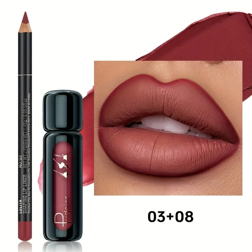 Lip Liner & Lip Mud Set, Matte Waterproof Long Lasting Non-Stick Velvet Lip Makeup, Smooth Lip Kit Gift for Women