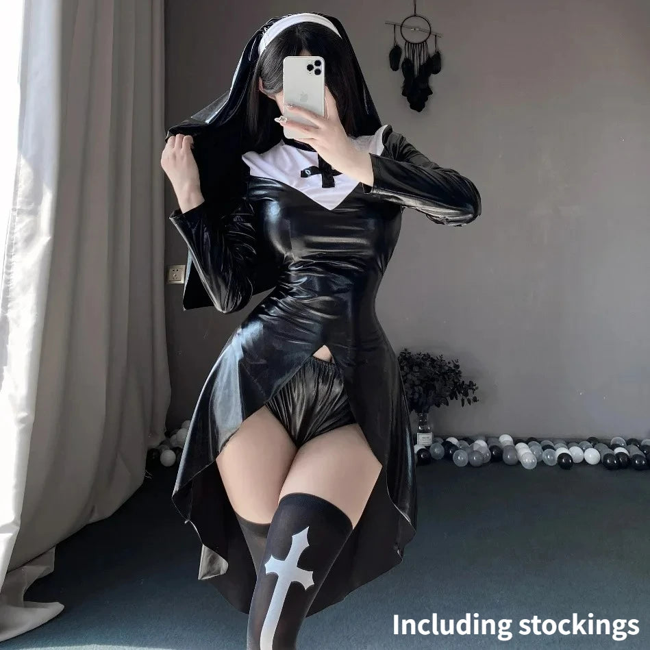 Halloween Costume Sexy Nun Cosplay Tights Vampire Cross Dark Gothic Dress Pu Faux Leather Hollow Out Costume Black White Nun