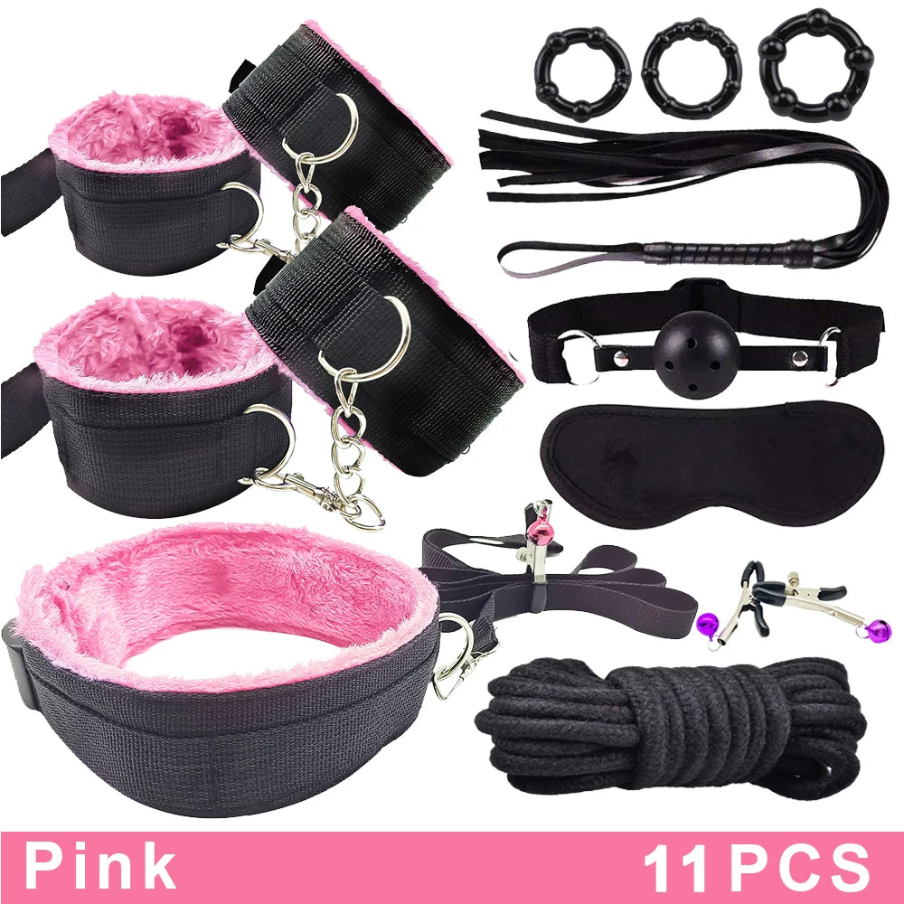 Sex Toys BDSM Bondage Set Erotic Bed Games Handcuffs Ankle Nipple Clamps Whip Spanking Slave Collars Adults Sex Game For Couples