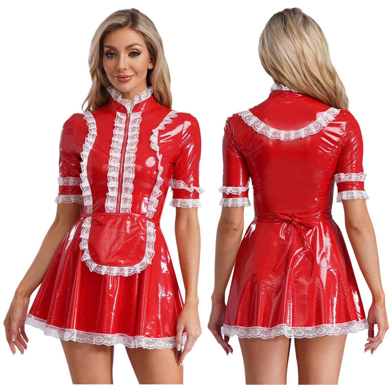 Women PVC Leather A-Line Servants Maid Dress Maid Cosplay Costume Role Play Maid Uniform Temptation Anime Cosplay Party Costume