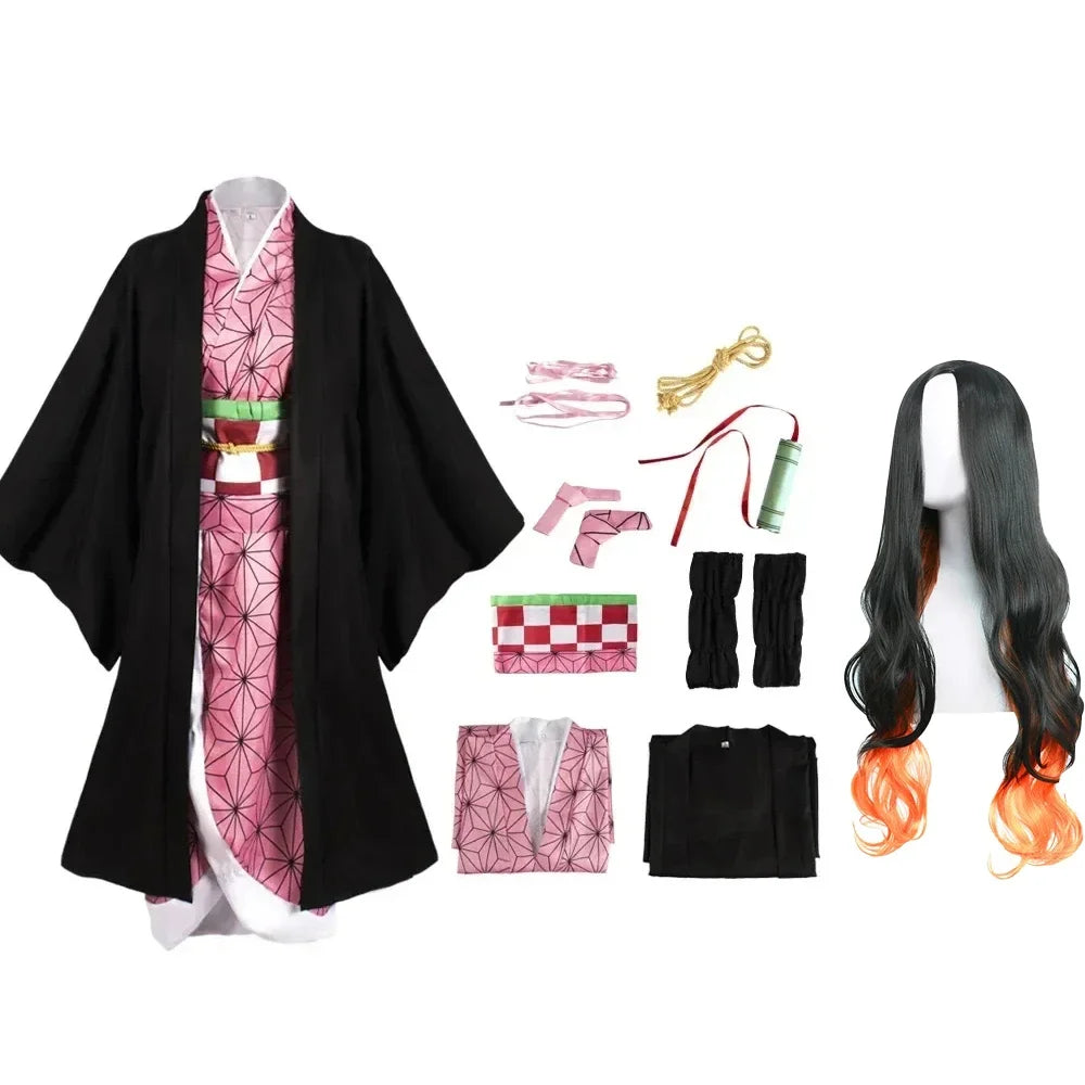 Anime Cosplay Kimetsu No Yaiba Kamado Nezuko Costume Kimono Demon Slayer Cosplay Wigs Hairs Halloween Carnival Women Outfit