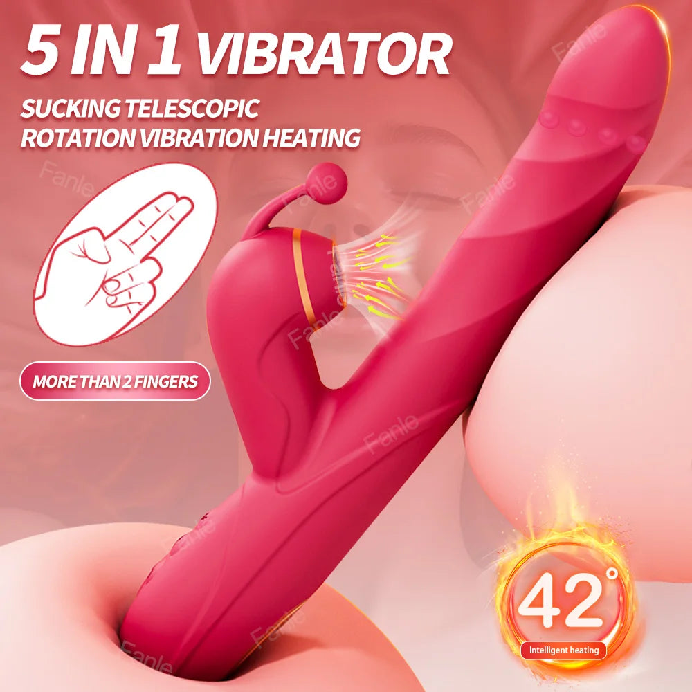 5 In 1 Telescopic Rotating Heated Dildo Vibrators G Spot Thrusting Machine Clitoral Stimulator Sucking Adult Sex Toys for Women