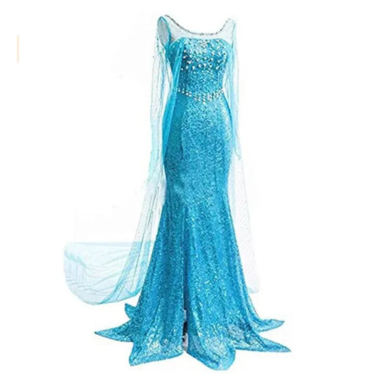 Frozen Elsa Princess Long Dress Sequin Mesh Elsa Costume Adult Snow Queen Costume Party Dress Halloween Carnival Cosplay Costume