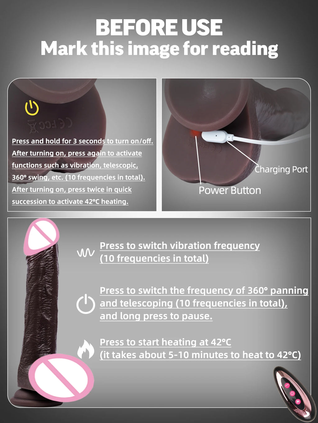 Women's Realistic Large Dildo Vibrator Sex Toy with Heating Function Big Penis Remote Control Telescopic Vibrator for Anal Use