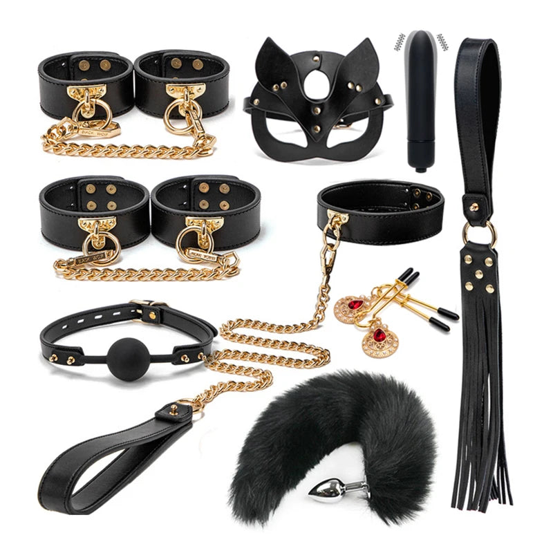 Erotic Bed Bondage Kits Slave Restraint Bondage Set Genuine leather Collar Mouth Gag Whips Handcuffs Adult Sex Toys For Couples