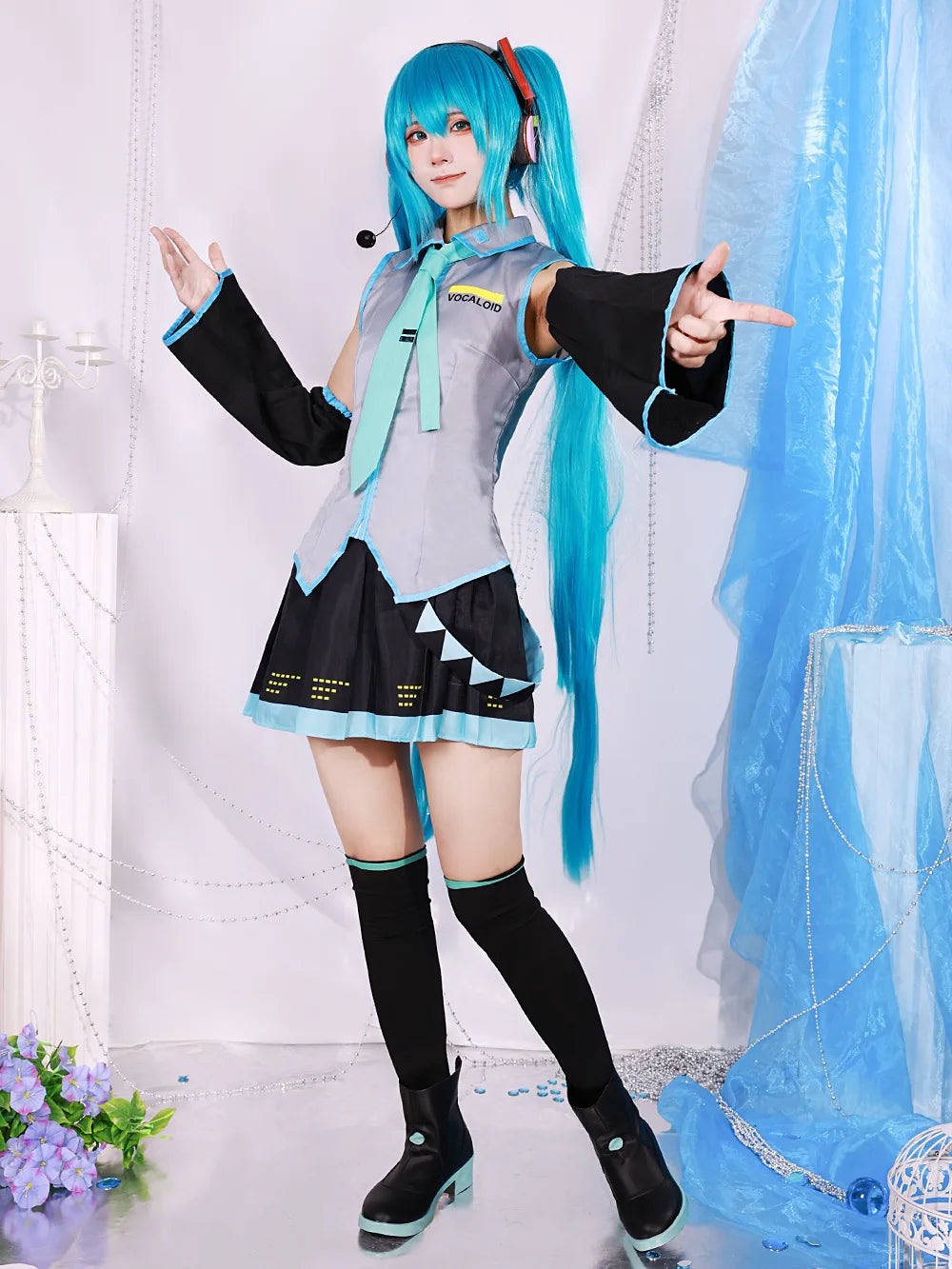 Miku Cosplay Full Set Silver Grey Patent Leather Fabric Suit Miku Cosplay Shoes Headwear Costume Outfit JK uniform Cosplay