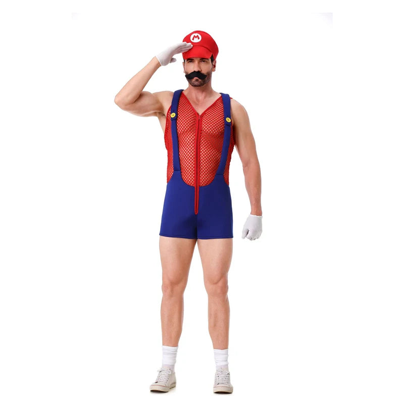 Adult Halloween Anime Cartoon Cosplay Costume With Hat Sexy Men Red Blue Super Plumber Brother Fancy Set Carnival Party Dress Up