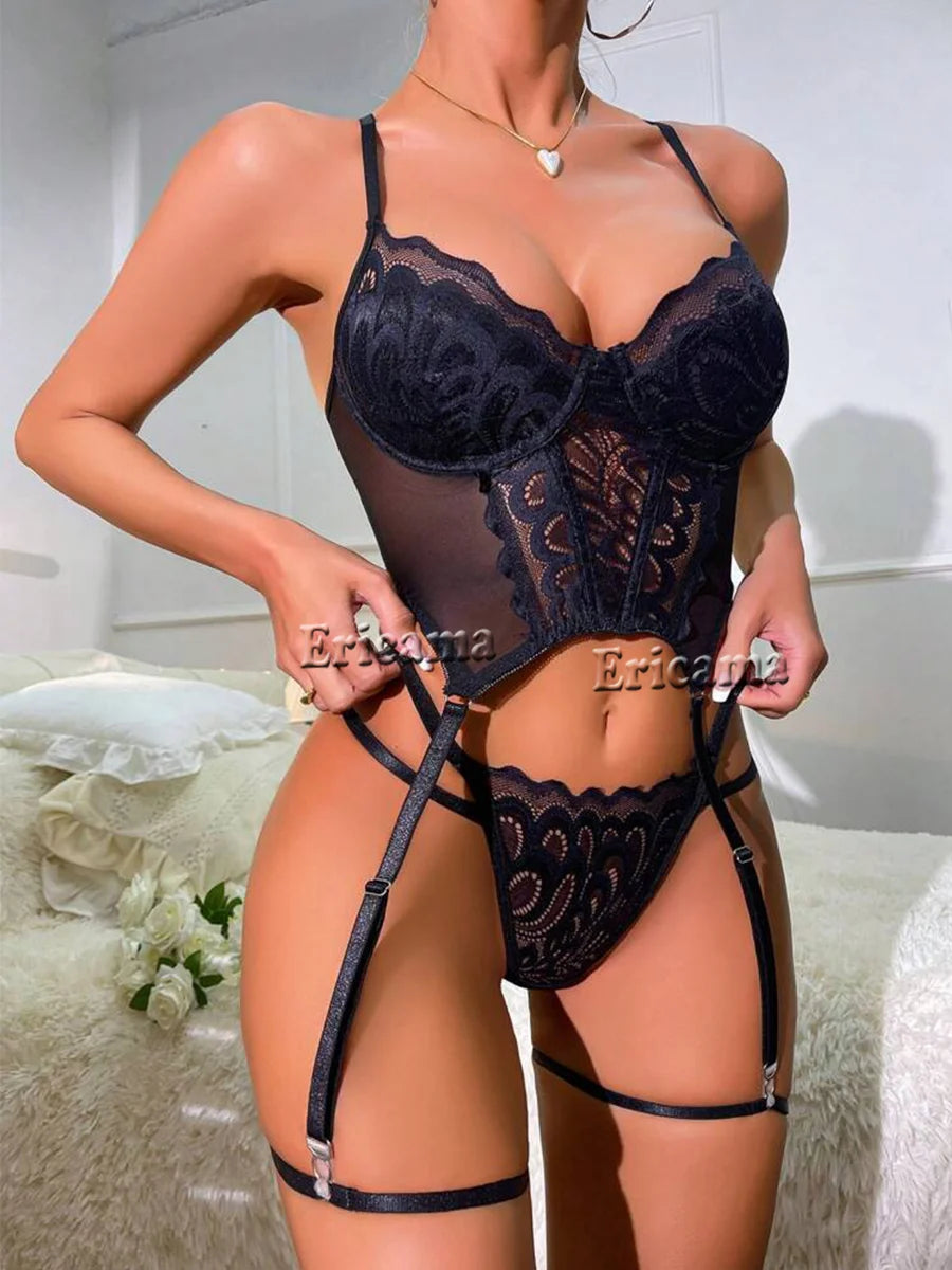 Lace Erotic Lingerie Set Bow Decor Strappy Hollow Out Intimates Bra & Thong & Garter Belt, Women's Sexy Lingerie & Underwear