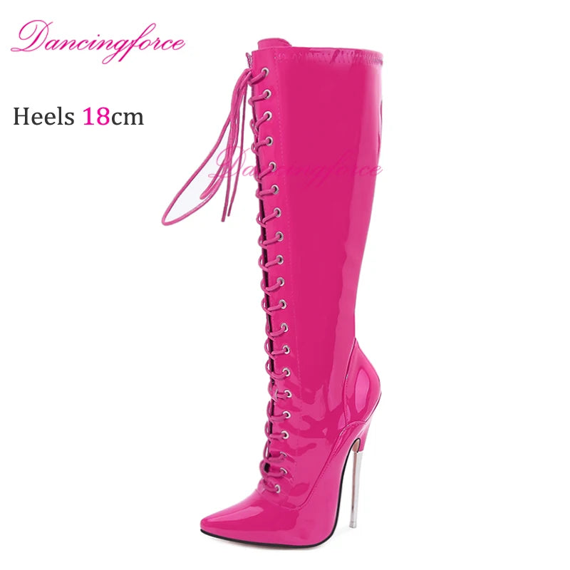 Pointy Toe Fetish Knee High Boots Women 18cm Extreme High Sexy Fetish Metal Heels Stiletto Sexy Nightclub Party Boots