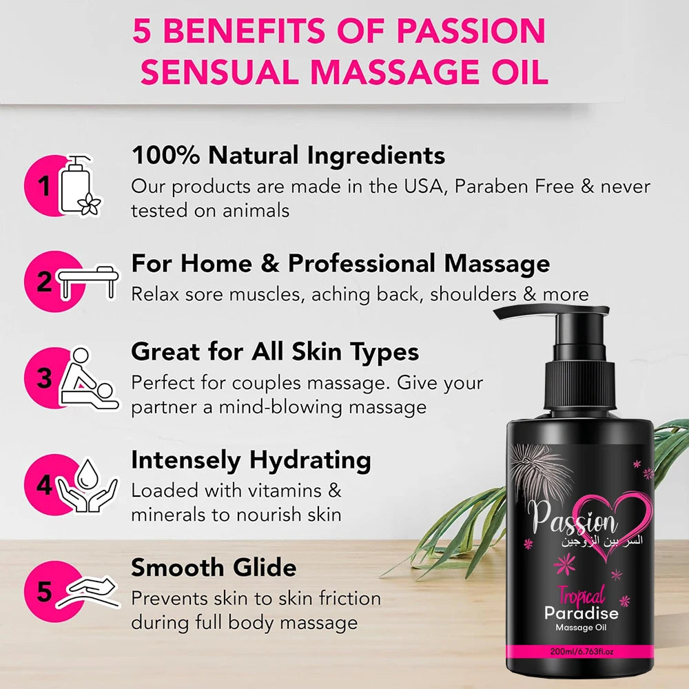 6.76 OZ Passion Sensual Jojoba Oil Natural Body Massage Oil for Couples Relaxing Perfect Glide & Smooth Skin, Tropical Paradise