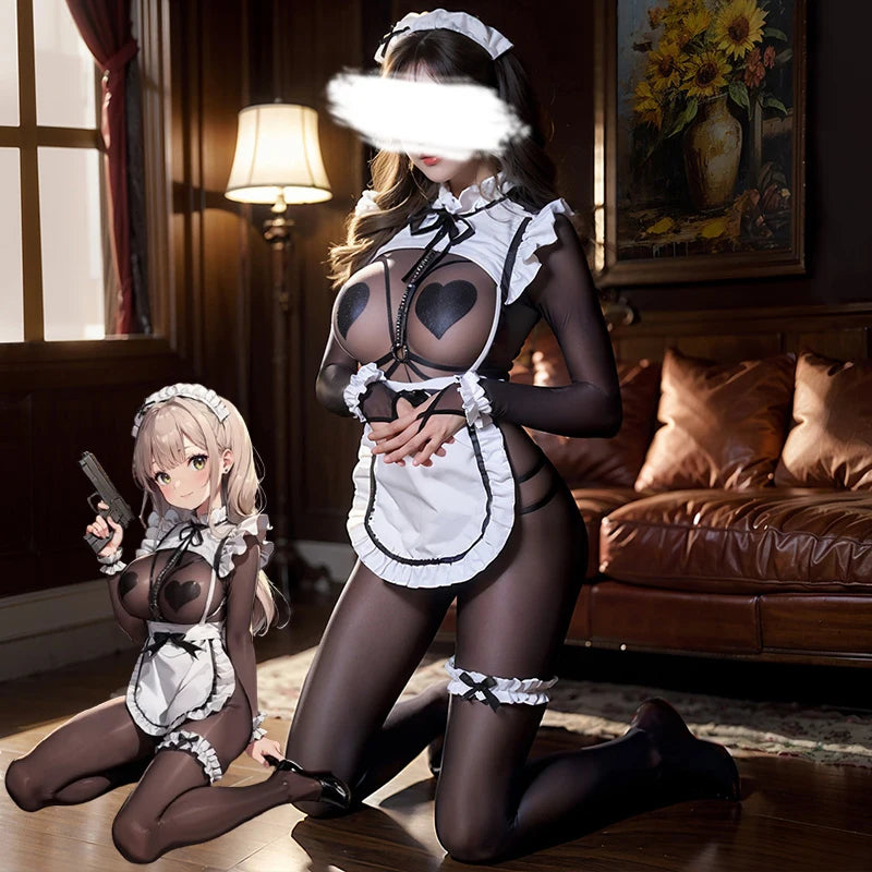 Sexy Women Crotchless Lingerie Cosplay Lolita Uniform French Apron T panties Maid Dress Erotic Underwear Role Play Costumes Sets