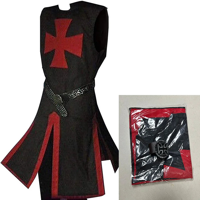 Mens Medieval Crusader Knights Templar Tunic Costumes Renaissance Halloween Surcoat Warrior Black Plague Cloak Cosplay Top S-3XL