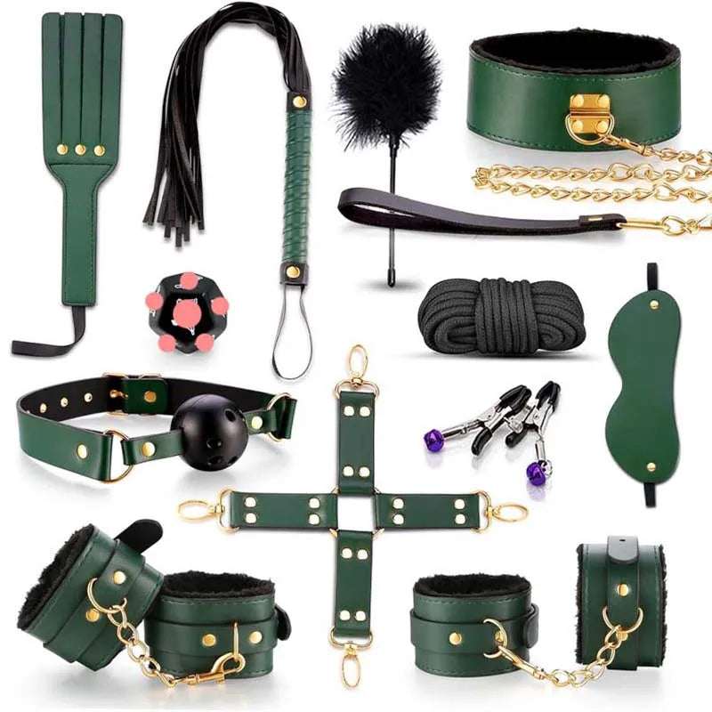 High quality BDSM Genuine Leather Bondage Set Fetish Handcuffs Collar Gag Whip Erotic Sex Toys For Women Couples Adult Games