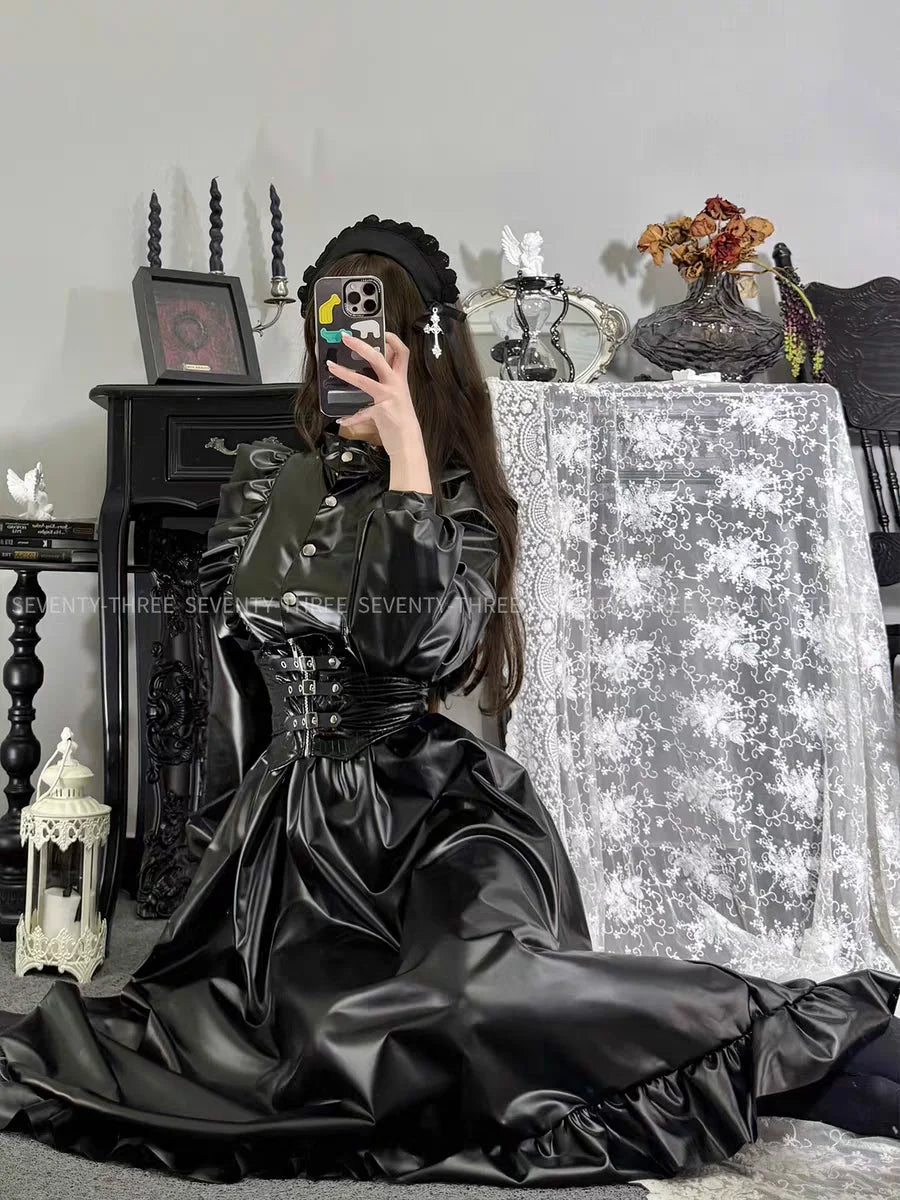Anime Black Uniform Costume Maid Costume Adult Girl Role Playing Dark Pu Long Skirt Leather Stand Collar Dress Maid Suit