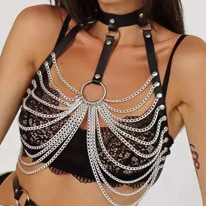 Women's sexy metal chain erotic lingerie nightclub leather bondage waist chain strap