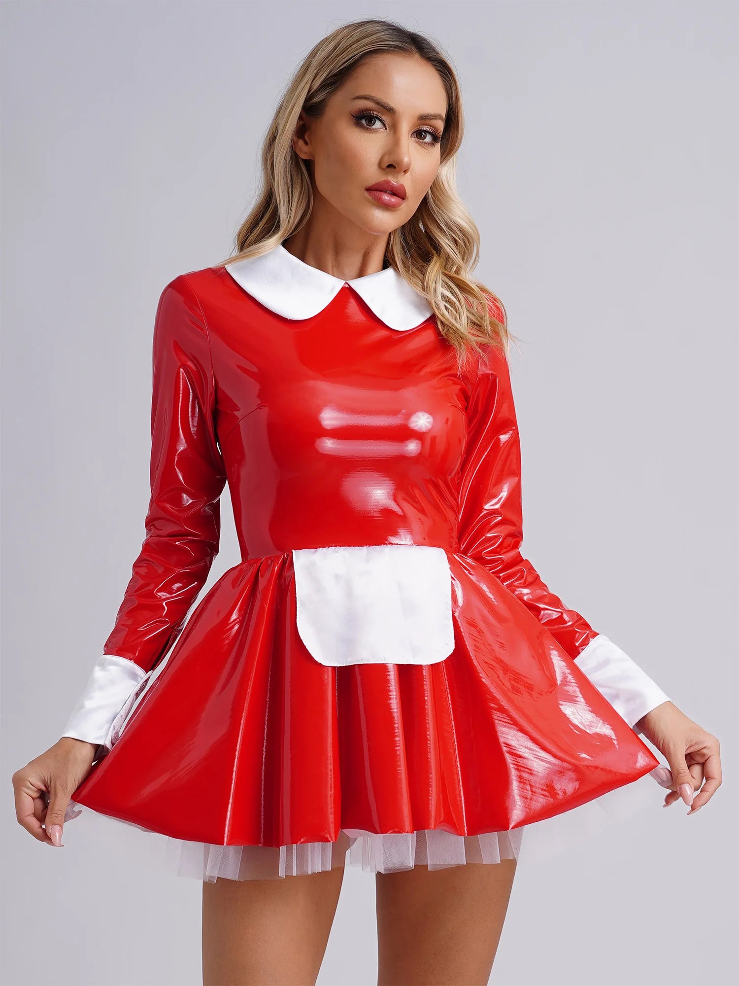 Women PVC Leather A-Line Servants Maid Dress Maid Cosplay Costume Role Play Maid Uniform Temptation Anime Cosplay Party Costume