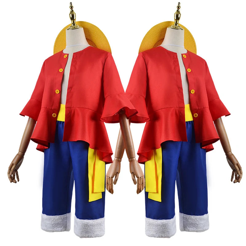 Anime Piece Pirate Luffy Cosplay Costumes Monkey D Sun God Two Years Later Cos Adult Kids Carnival Party Red Top Pants Suits Hat